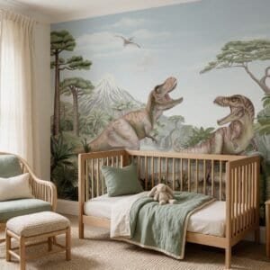 Empapelado infantil Terrific T Rex de ALCHEMYST aplicado en un cuarto de bebé
