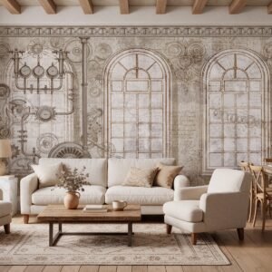 Empapelado mural The Alchemyst Engine 01 de ALCHEMYST aplicado en un living comedor