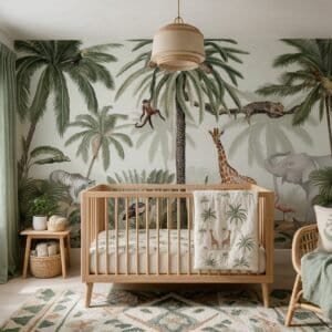 Empapelado infantil Tropical Jive de ALCHEMYST aplicado en un cuarto de bebé