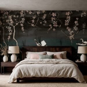 Empapelado mural Veil Of Reeds Noir de ALCHEMYST aplicado en un dormitorio
