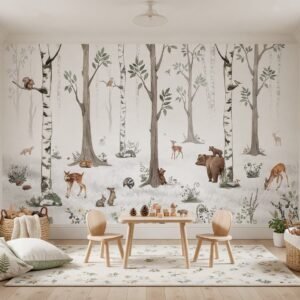Empapelado mural White Forest de ALCHEMYST aplicado en una sala de juegos