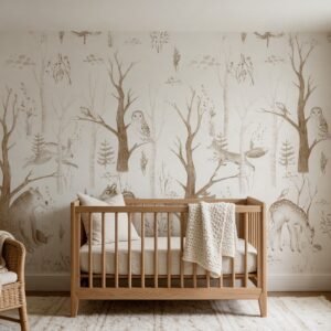 Empapelado infantil Woodland 1-sepia de ALCHEMYST aplicado en un cuarto de bebé