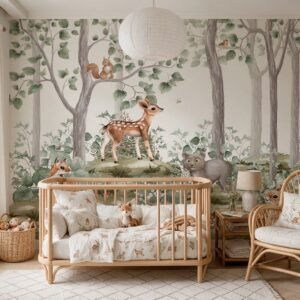 Empapelado infantil Woodland 2 de ALCHEMYST aplicado en un cuarto de bebé