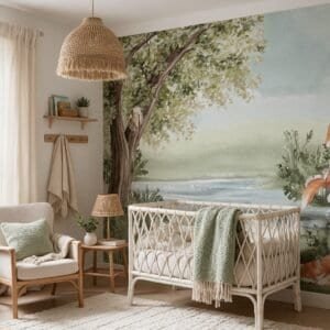 Empapelado infantil Woodland Adventures de ALCHEMYST aplicado en un cuarto de bebé