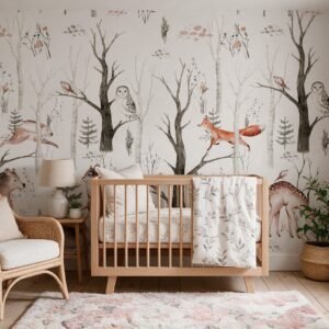 Empapelado infantil Woodland de ALCHEMYST aplicado en un cuarto de bebé