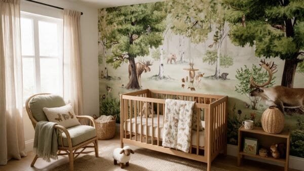 Empapelado mural Woodland Wonders de ALCHEMYST aplicado en un cuarto de bebé