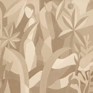 Empapelado mural Amber Muse Cognac & Cream, colección Quiet Worlds, figuras y follaje tropical en tonos sepia - Alchemyst