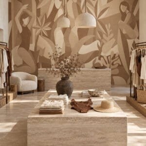 Mural Amber Muse Cognac & Cream con figuras y follaje tropical en tonos sepia aplicado en ambiente - Alchemyst
