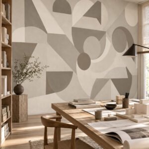 Mural Avant Pulse Grey Sand con formas geométricas en tonos gris humo aplicado en ambiente - Alchemyst