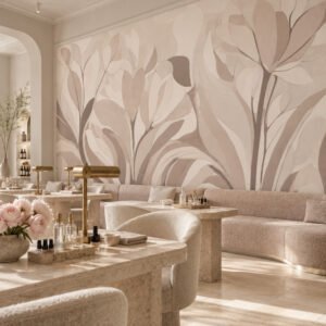Mural Emil Bloom Powder & Linen con flores estilizadas en tonos gris humo y malva aplicado en ambiente - Alchemyst