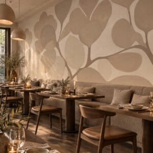 Mural Emil Bouquet Sand & Lime con ramillete de hojas en tonos sepia aplicado en ambiente - Alchemyst