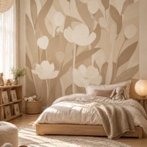 Mural Emil Meadow Bone & Milk con tulipanes y flores en tonos arena aplicado en ambiente - Alchemyst