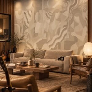 Mural Lunar Drift Smoke con figuras cubistas y luna en tonos piedra aplicado en ambiente - Alchemyst