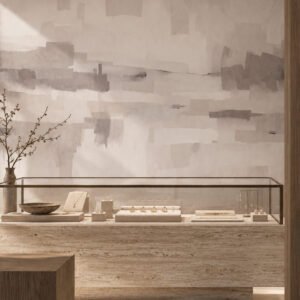 Mural Velvet Dusk Powder Plaster con horizonte abstracto en tonos gris humo aplicado en ambiente - Alchemyst