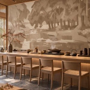 Mural Velvet Forest Hojicha con bosque pintado en tonos sepia aplicado en ambiente - Alchemyst