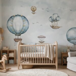 Empapelado infantil Aero Baloon 01 de ALCHEMYST aplicado en un cuarto de bebé