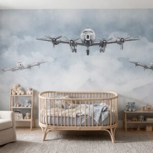 Empapelado infantil Airplane 01 de ALCHEMYST aplicado en un cuarto de bebé
