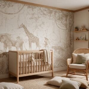Empapelado infantil Animal Parade Sepia de ALCHEMYST aplicado en un cuarto de bebé