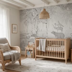 Empapelado infantil Bear King Grey de ALCHEMYST aplicado en un cuarto de bebé