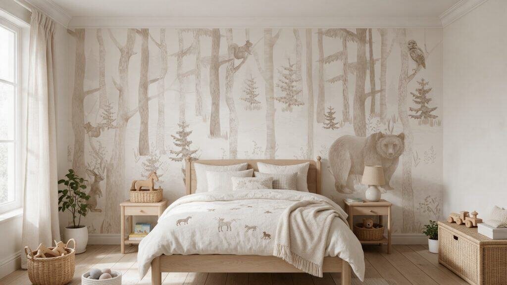 Mural ilustrado de bosque con osos en tono blanco y gris en ambiente, Bosque K2 - Alchemyst