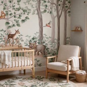 Empapelado infantil Bosquecito 1 de ALCHEMYST aplicado en un cuarto de bebé