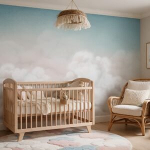 Empapelado infantil Calming Clouds Blue de ALCHEMYST aplicado en un cuarto de bebé