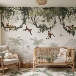 Empapelado infantil Cheeky Monkeys 1 de ALCHEMYST aplicado en un cuarto de bebé