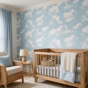 Empapelado infantil Clouds de ALCHEMYST aplicado en un cuarto de bebé