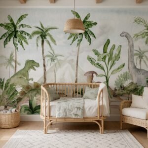 Empapelado infantil Dino Joy 1 de ALCHEMYST aplicado en un cuarto de bebé