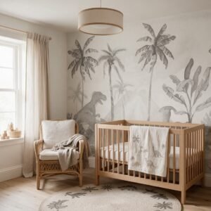 Empapelado infantil Dino Joy 3 de ALCHEMYST aplicado en un cuarto de bebé