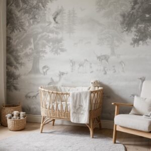 Empapelado infantil Forest Fun 3 de ALCHEMYST aplicado en un cuarto de bebé
