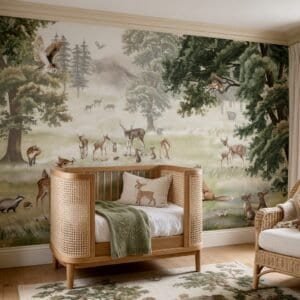 Empapelado infantil Forest Fun de ALCHEMYST aplicado en un cuarto de bebé
