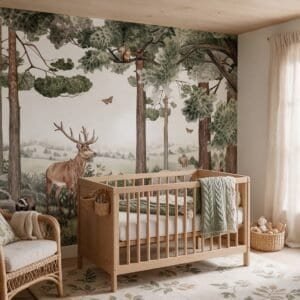 Empapelado infantil Forest Jive 1 de ALCHEMYST aplicado en un cuarto de bebé