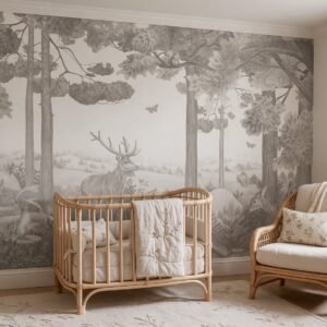 Empapelado infantil Forest Jive 3 de ALCHEMYST aplicado en un cuarto de bebé