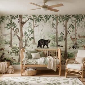 Empapelado infantil Forest Lookbook 1 de ALCHEMYST aplicado en un cuarto de bebé