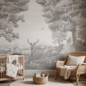 Empapelado infantil Forest Vista 3 de ALCHEMYST aplicado en un cuarto de bebé