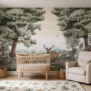 Empapelado infantil Forest Vista de ALCHEMYST aplicado en un cuarto de bebé