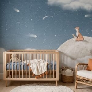 Empapelado infantil Fox On The Moon Blue de ALCHEMYST aplicado en un cuarto de bebé
