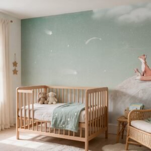 Empapelado infantil Fox On The Moon Green de ALCHEMYST aplicado en un cuarto de bebé