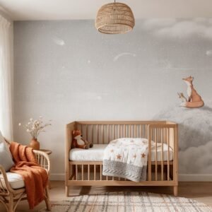 Empapelado infantil Fox On The Moon Grey de ALCHEMYST aplicado en un cuarto de bebé