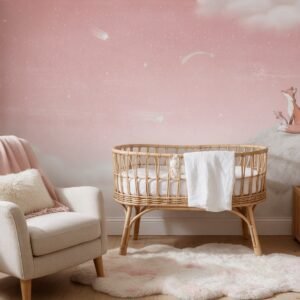 Empapelado infantil Fox On The Moon Pink de ALCHEMYST aplicado en un cuarto de bebé