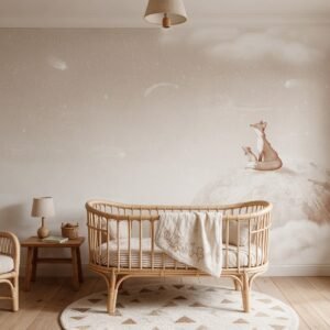 Empapelado infantil Fox On The Moon Sepia de ALCHEMYST aplicado en un cuarto de bebé