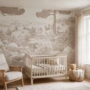 Empapelado infantil Happy Hills 2 de ALCHEMYST aplicado en un cuarto de bebé