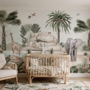 Empapelado infantil Jolly Jungle 1 de ALCHEMYST aplicado en un cuarto de bebé