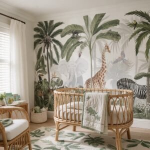 Empapelado infantil Jungle Jive 1 de ALCHEMYST aplicado en un cuarto de bebé