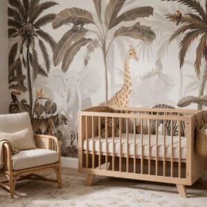 Empapelado infantil Jungle Jive 2 de ALCHEMYST aplicado en un cuarto de bebé