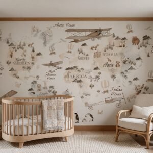 Empapelado infantil Map 1 de ALCHEMYST aplicado en un cuarto de bebé