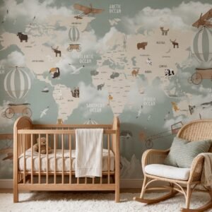 Empapelado infantil Map 2 de ALCHEMYST aplicado en un cuarto de bebé