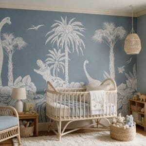 Empapelado infantil Monochrome Dino Blue de ALCHEMYST aplicado en un cuarto de bebé