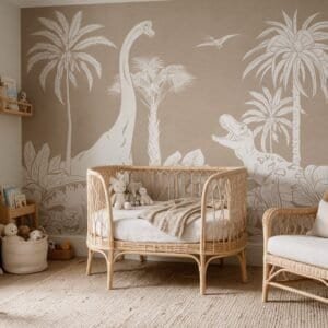 Empapelado infantil Monochrome Dino Brown de ALCHEMYST aplicado en un cuarto de bebé